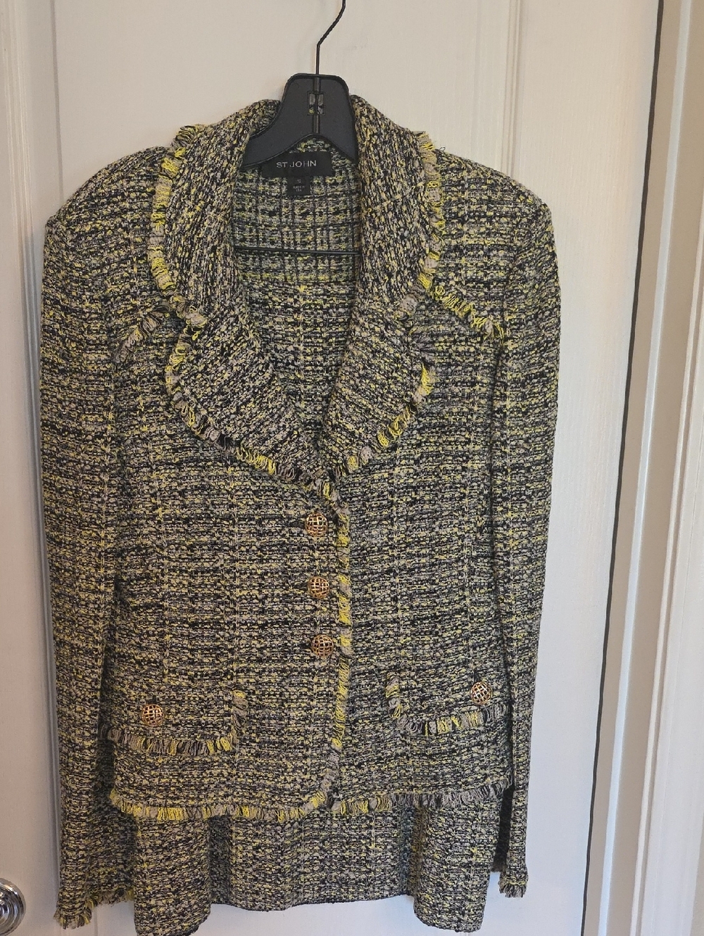 St. John Yellow and Black Knit Fringe Skirt Suit